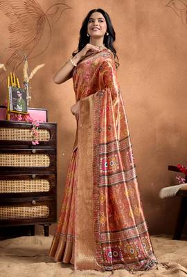 Peach printed art silk designer pallu saree 2