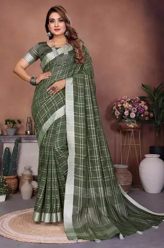 Green color linen cotton silver zari border & weaving saree with un-stitched blouse