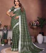 Green color linen cotton silver zari border & weaving saree with un-stitched blouse