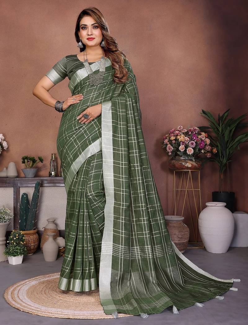 Green color linen cotton silver zari border & weaving saree with un-stitched blouse