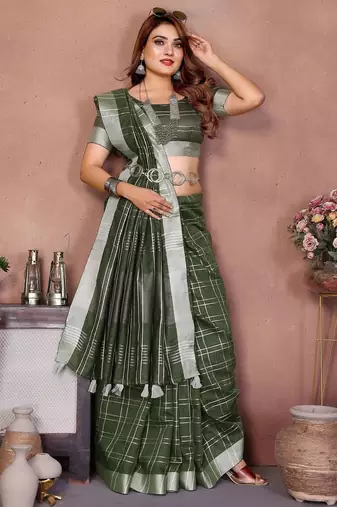 Green color linen cotton silver zari border & weaving saree with un-stitched blouse