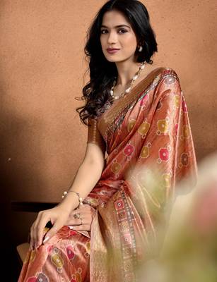 Peach printed art silk designer pallu saree 4