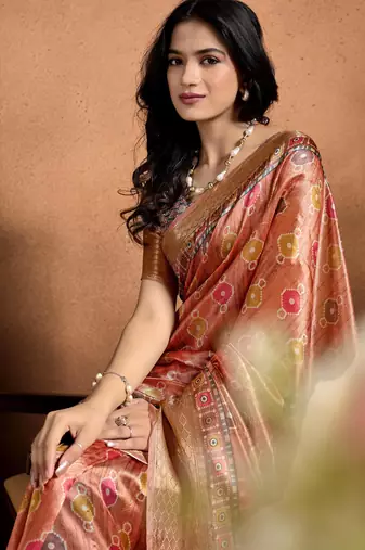 Peach printed art silk designer pallu saree