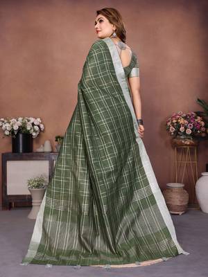 Green color linen cotton silver zari border & weaving saree with un-stitched blouse 4