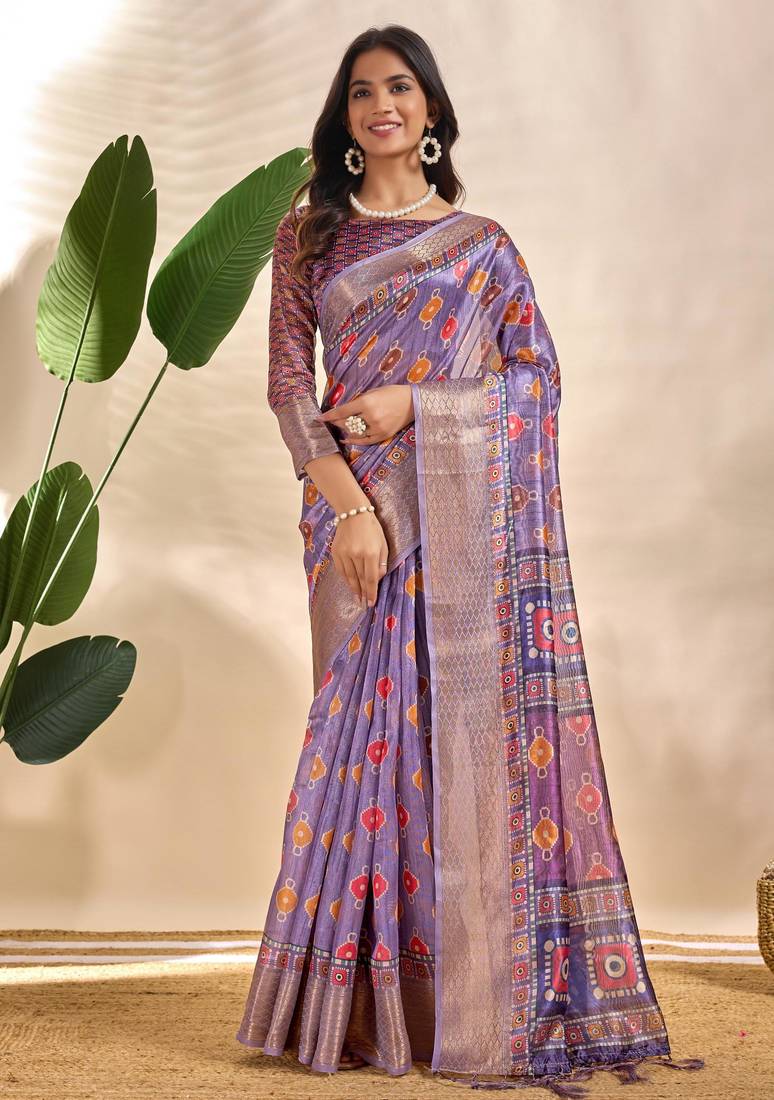 Lavender printed art silk designer pallu saree
