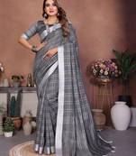 Grey color linen cotton silver zari border & weaving saree with un-stitched blouse