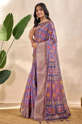 Lavender printed art silk designer pallu saree
