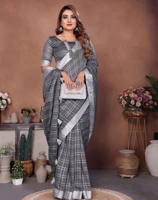 Grey color linen cotton silver zari border & weaving saree with un-stitched blouse 2