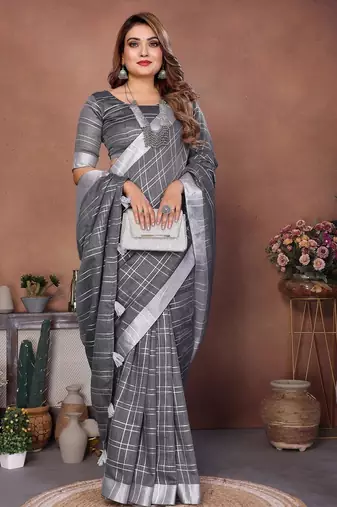 Grey color linen cotton silver zari border & weaving saree with un-stitched blouse