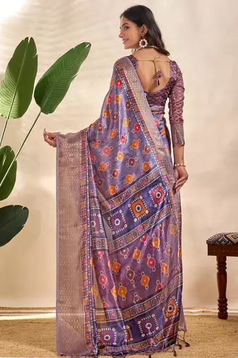 Lavender printed art silk designer pallu saree