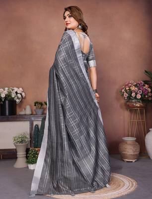Grey color linen cotton silver zari border & weaving saree with un-stitched blouse 3
