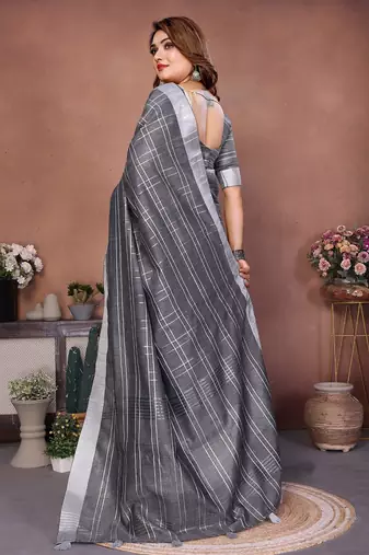 Grey color linen cotton silver zari border & weaving saree with un-stitched blouse