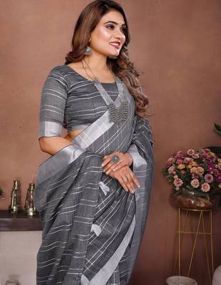 Grey color linen cotton silver zari border & weaving saree with un-stitched blouse 4