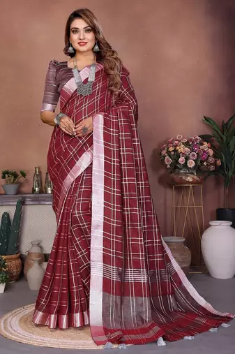 Maroon color linen cotton silver zari border & weaving saree with un-stitched blouse