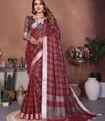 Maroon color linen cotton silver zari border & weaving saree with un-stitched blouse