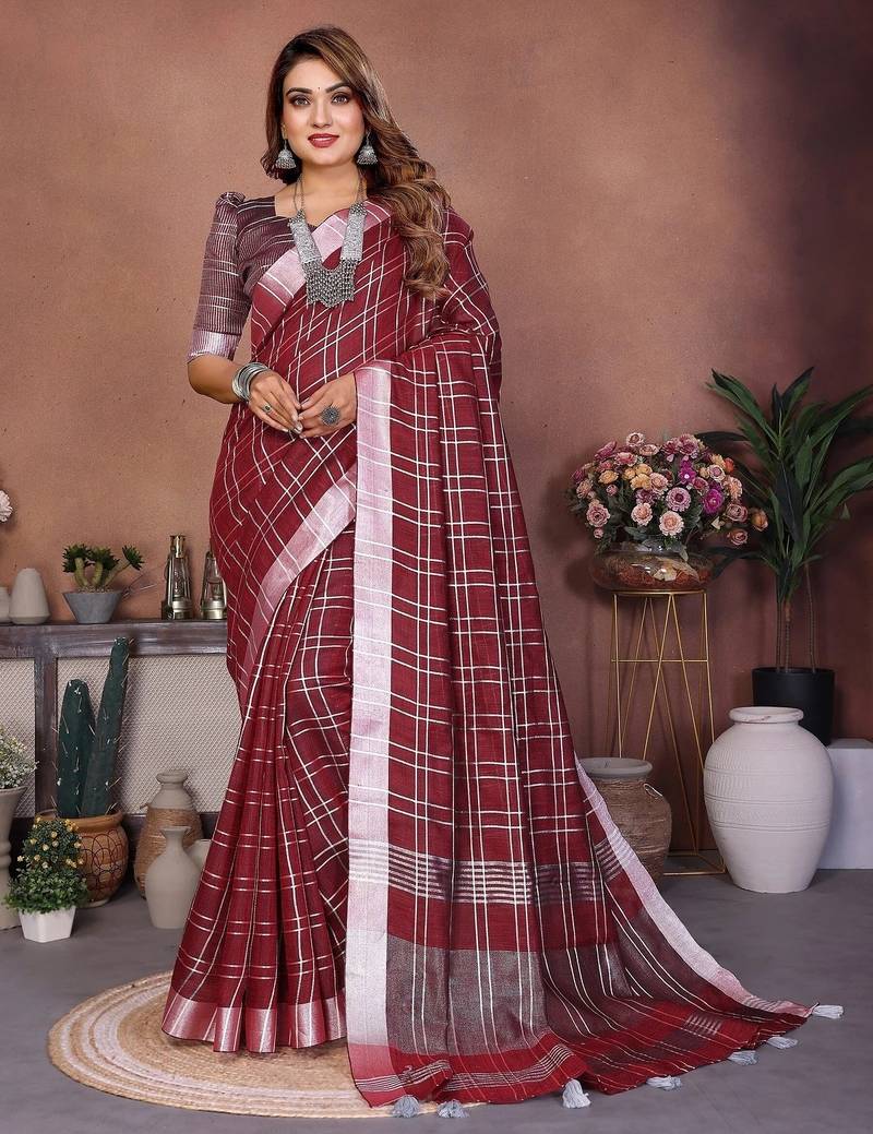 Maroon color linen cotton silver zari border & weaving saree with un-stitched blouse
