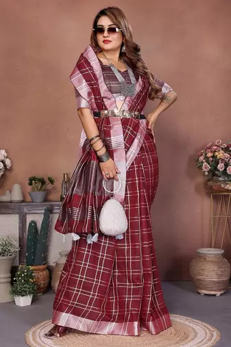 Maroon color linen cotton silver zari border & weaving saree with un-stitched blouse