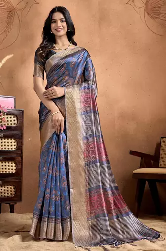Teal printed art silk designer pallu saree
