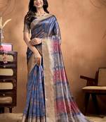 Teal printed art silk designer pallu saree
