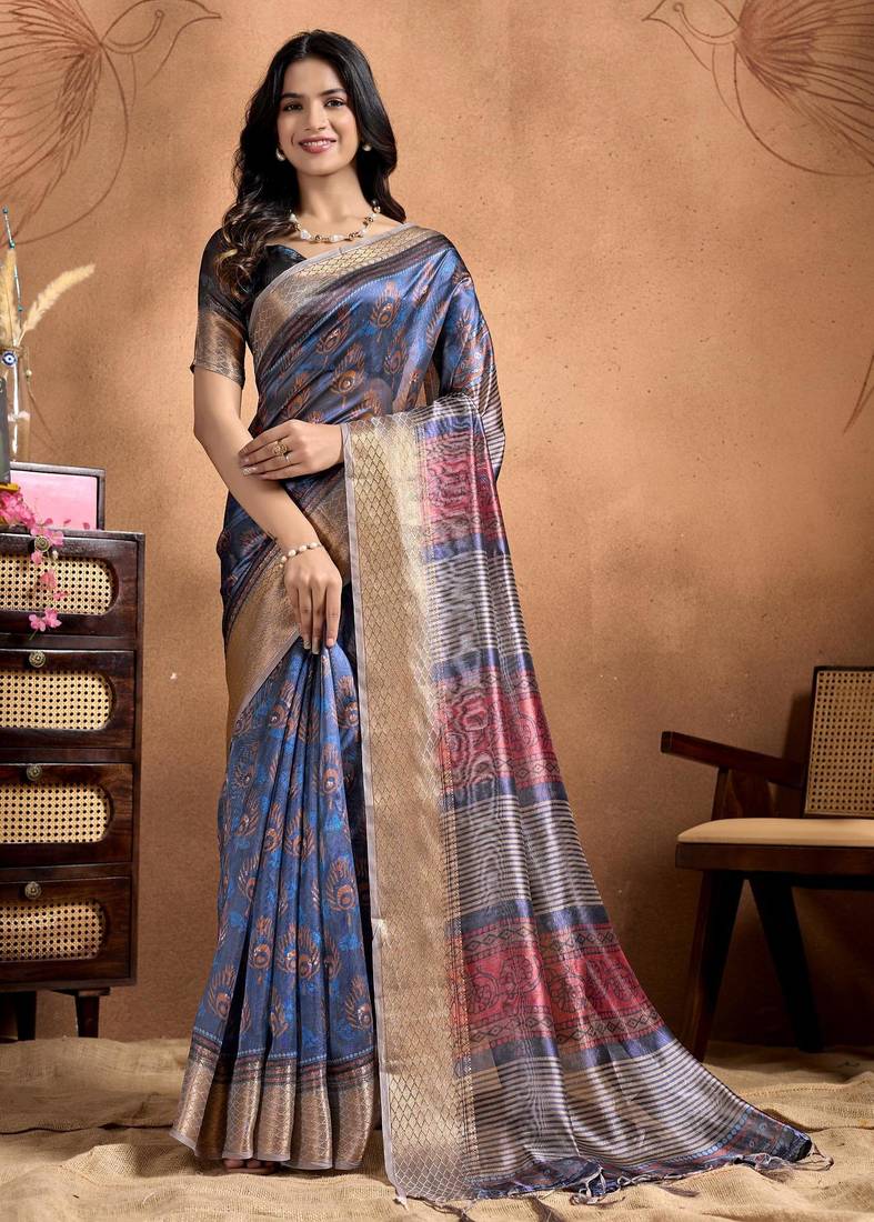 Teal printed art silk designer pallu saree