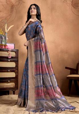 Teal printed art silk designer pallu saree 2