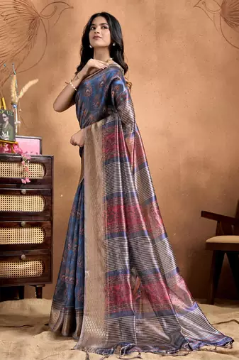 Teal printed art silk designer pallu saree