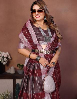 Maroon color linen cotton silver zari border & weaving saree with un-stitched blouse 4