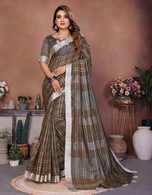 Mehendi color linen cotton silver zari border & weaving saree with un-stitched blouse 1