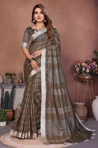 Mehendi color linen cotton silver zari border & weaving saree with un-stitched blouse