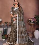 Mehendi color linen cotton silver zari border & weaving saree with un-stitched blouse