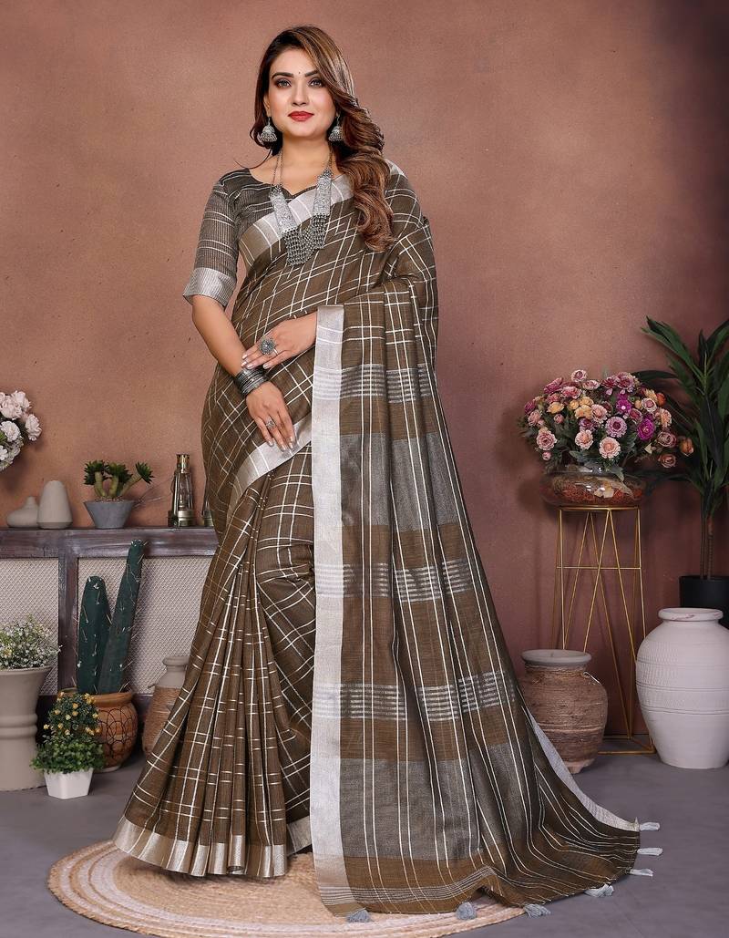 Mehendi color linen cotton silver zari border & weaving saree with un-stitched blouse