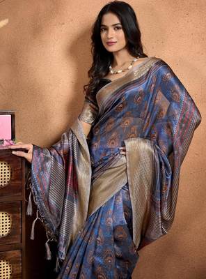 Teal printed art silk designer pallu saree 4