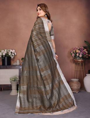 Mehendi color linen cotton silver zari border & weaving saree with un-stitched blouse 2