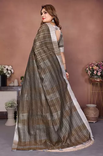 Mehendi color linen cotton silver zari border & weaving saree with un-stitched blouse