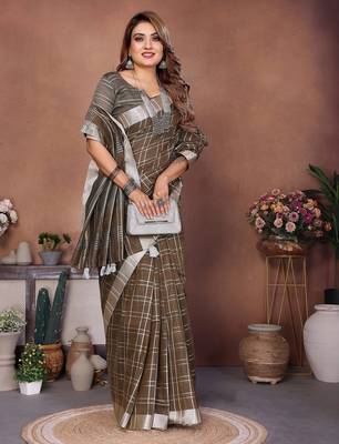 Mehendi color linen cotton silver zari border & weaving saree with un-stitched blouse 3