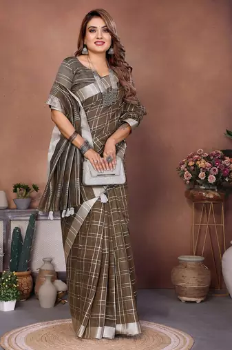 Mehendi color linen cotton silver zari border & weaving saree with un-stitched blouse