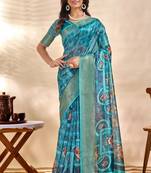 Teal printed art silk designer pallu saree