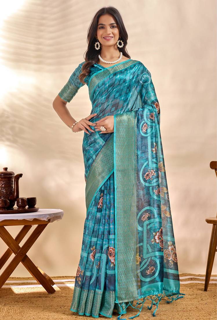 Teal printed art silk designer pallu saree