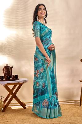 Teal printed art silk designer pallu saree 2