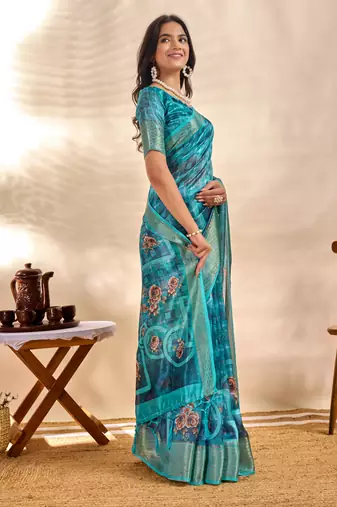 Teal printed art silk designer pallu saree