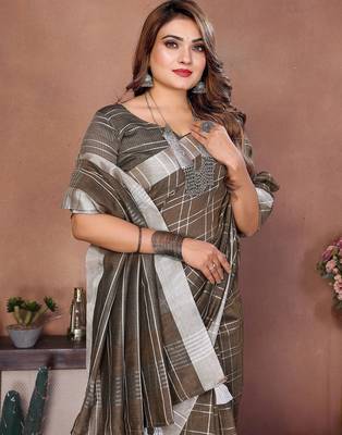 Mehendi color linen cotton silver zari border & weaving saree with un-stitched blouse 4