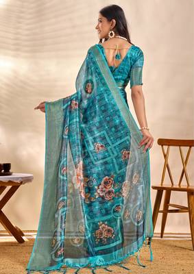Teal printed art silk designer pallu saree 3