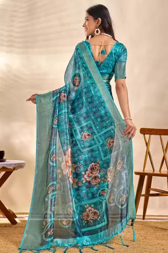 Teal printed art silk designer pallu saree