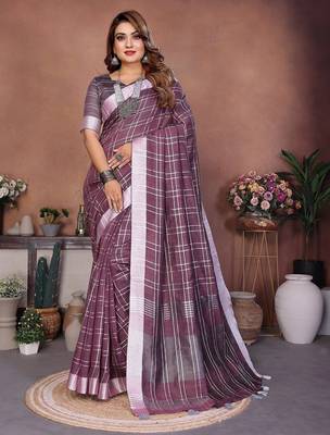 Purple color linen cotton silver zari border & weaving saree with un-stitched blouse 1