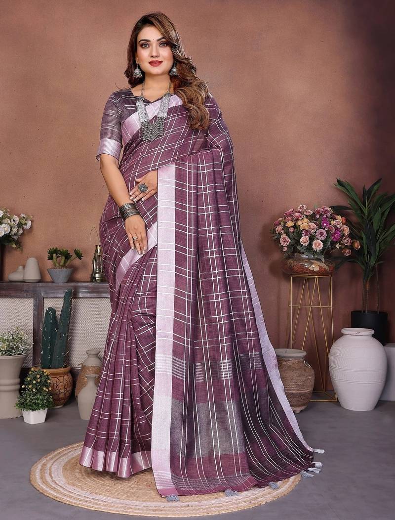 Purple color linen cotton silver zari border & weaving saree with un-stitched blouse