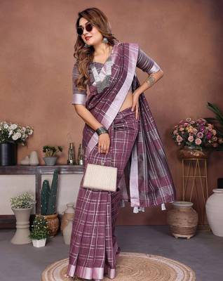 Purple color linen cotton silver zari border & weaving saree with un-stitched blouse 2
