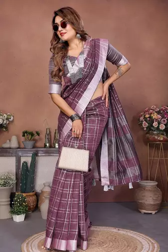 Purple color linen cotton silver zari border & weaving saree with un-stitched blouse