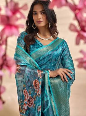 Teal printed art silk designer pallu saree 4