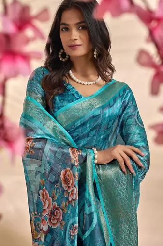Teal printed art silk designer pallu saree