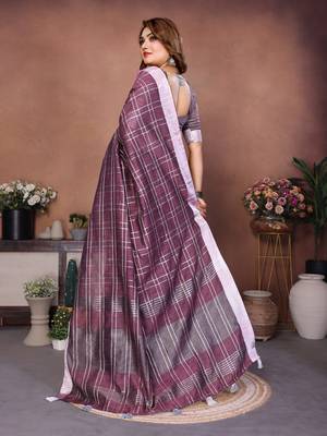 Purple color linen cotton silver zari border & weaving saree with un-stitched blouse 3